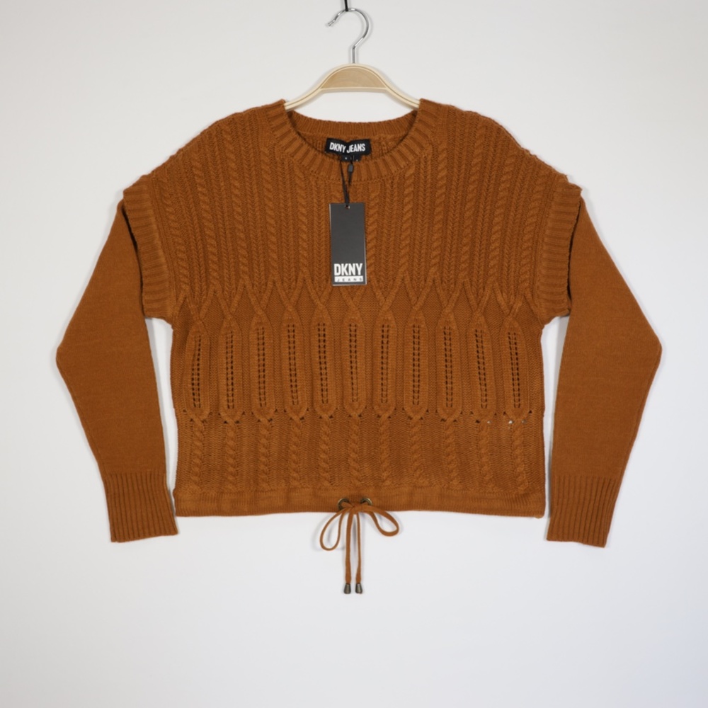 DKNY Jeans Women's Crew Neck Drawstring Hem Cropped Knit Sweater Brown Size M
